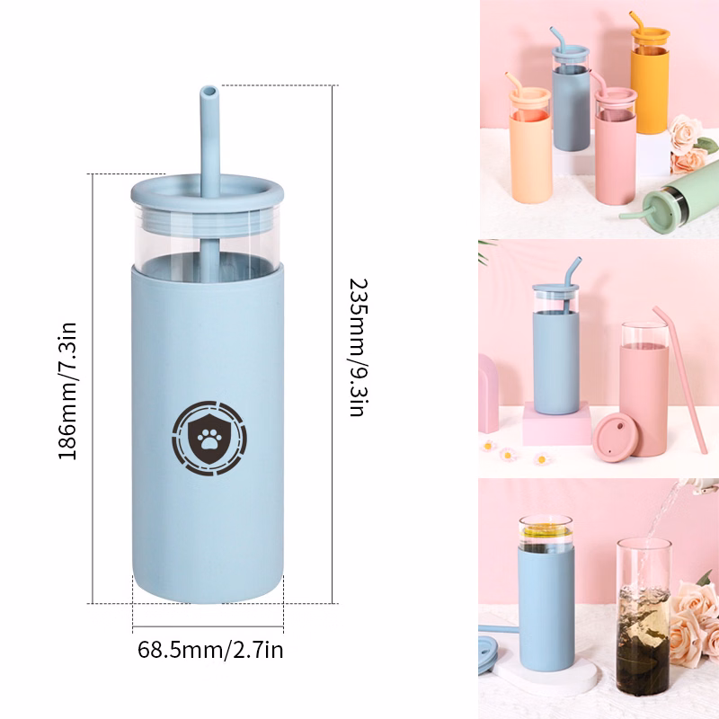470ml Glass Tumblers w/ Silicone Lid and Straw 16Oz.