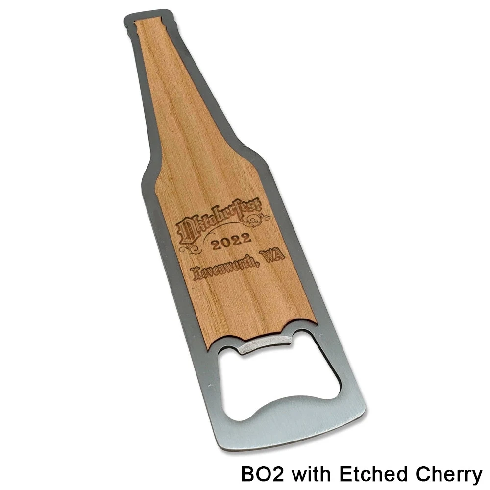 Laser etched Metal Opener - Maple or Cherry Wood Imprint 1