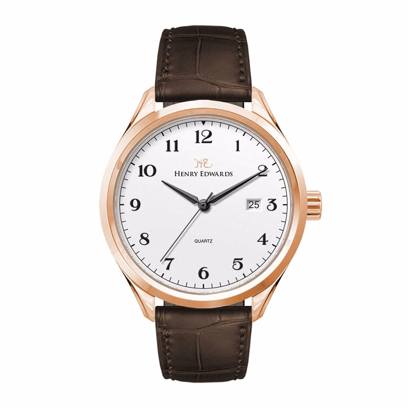 Watch Creations 42MM, 3 HAND WITH DATE, ROSE GOLD PLATED STEEL CASE, WHITE DIAL, BROWN CROCO BACK GRAIN LEATHER