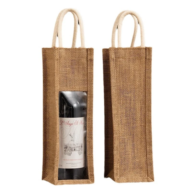 Wine Gift Bag Jute Double Bottle Window Reusable 1