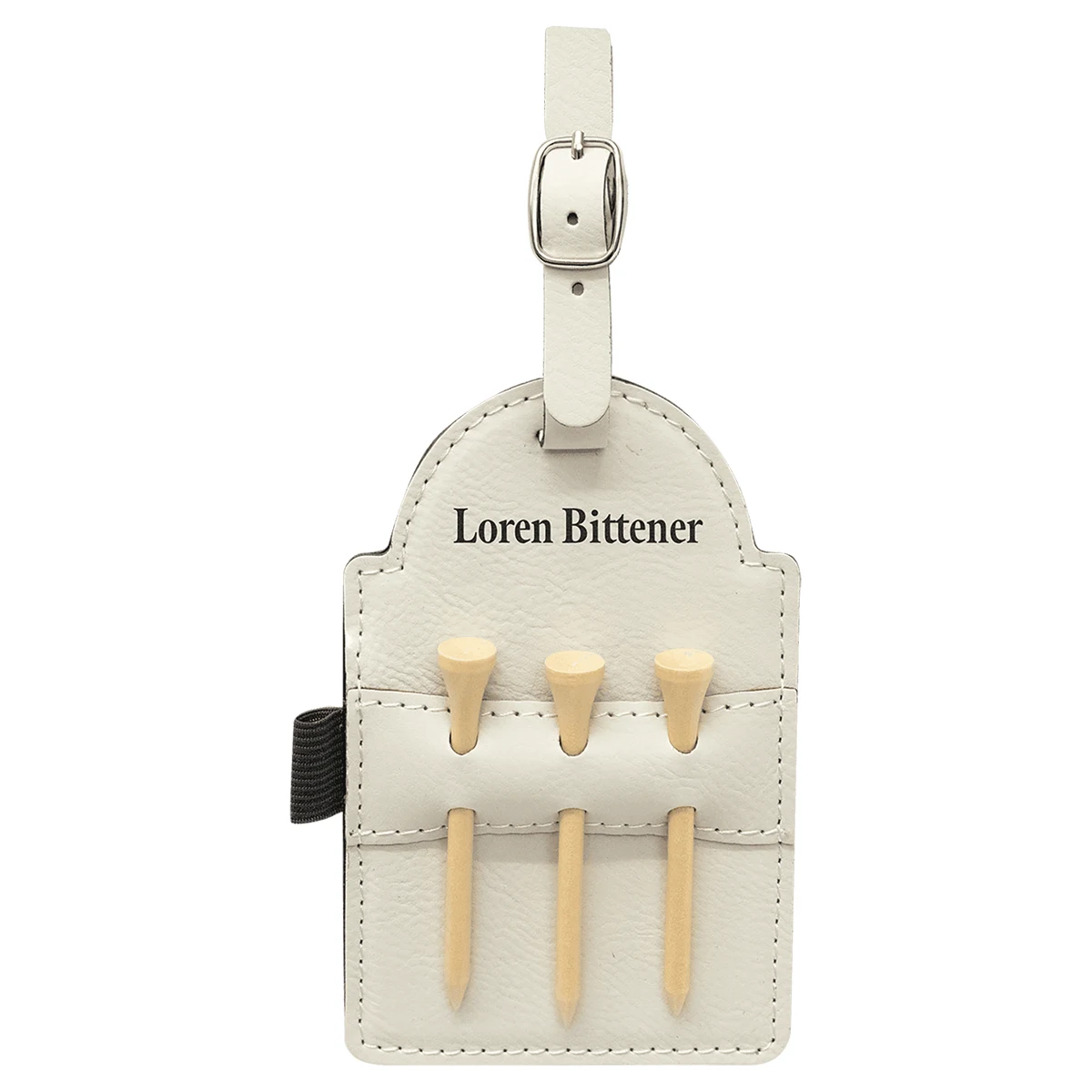 5" x 3 1/4" White Leatherette Golf Bag Tag with 3 Wooden Tees 1