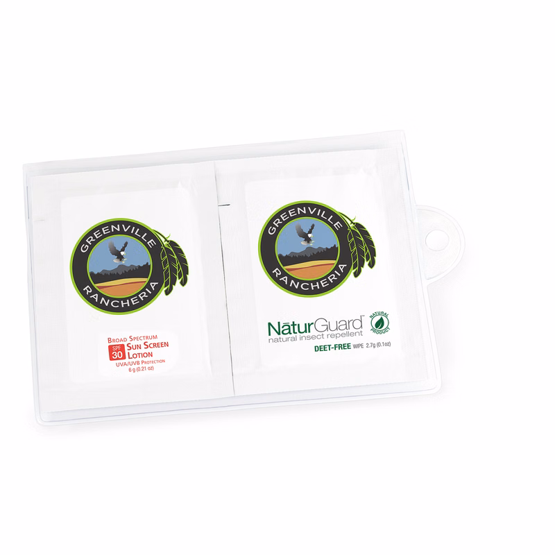 GoPac with Insect Repellent and Sun Screen Packettes, Label Imprint