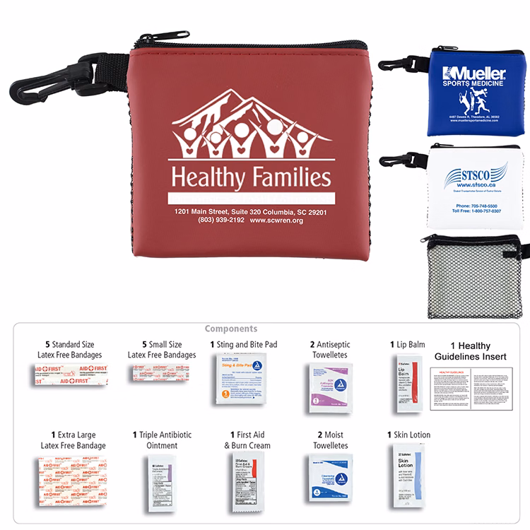 "TEAM MOM" 21 Piece All Purpose First Aid Kit in Zipper Mesh pack Components