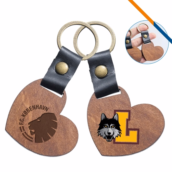 Custom Eco-Friendly Heart Wood Keychain with PU Strap — Corporate Gifting Item