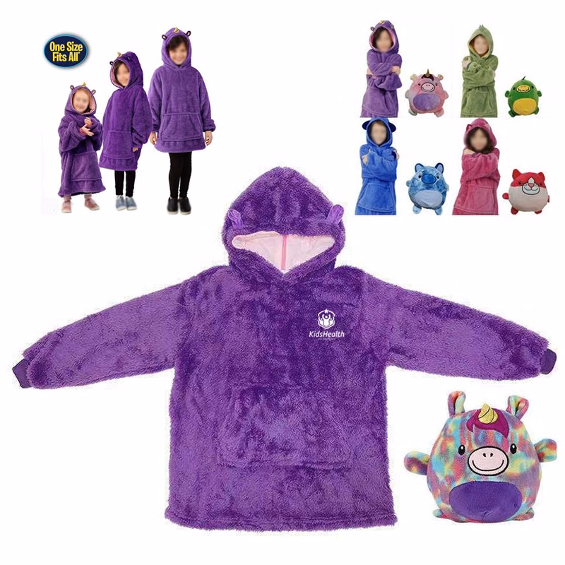 Children Pullover Cartoon Blanket Hoodie Plush Animal Pillow Blanket