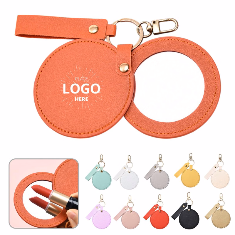 Round PU Leather Compact Mirror Keychain