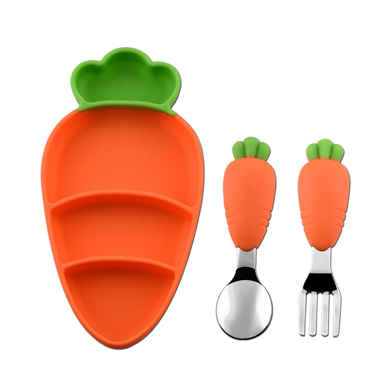 Kids Carrot Silicone Portion Plates Forks Spoons 1