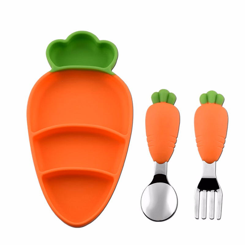 Kids Carrot Silicone Portion Plates Forks Spoons