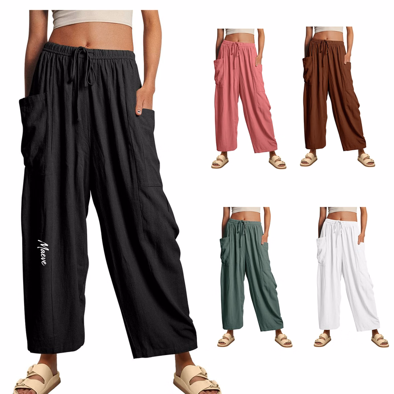Women Cotton Linen Wide Leg Crop Pants