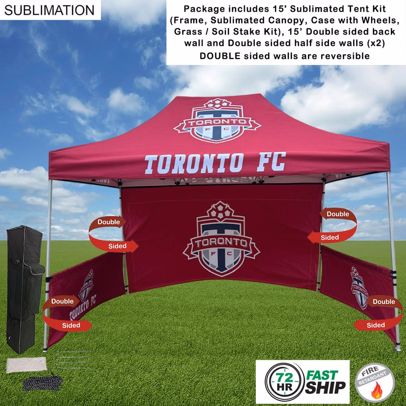 72Hr Fast Ship - 15' Sublimated Tent, 15' DOUBLE sided backwall and 2 DOUBLE sided half sidewalls
