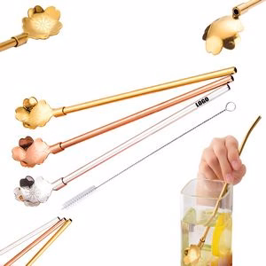 Reusable Stainless Steel Straws With Flower Spoon Set
