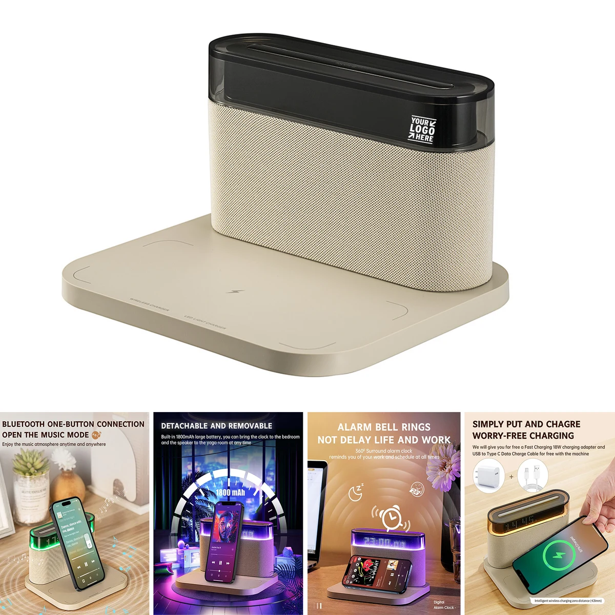 1800mAh Battery 3 Level Brightness Colorful Wireless Charging Bluetooth Speaker Digital Alarm Clock 1
