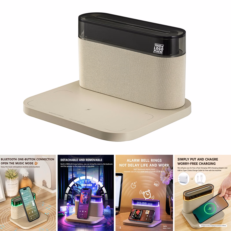 1800mAh Battery 3 Level Brightness Colorful Wireless Charging Bluetooth Speaker Digital Alarm Clock