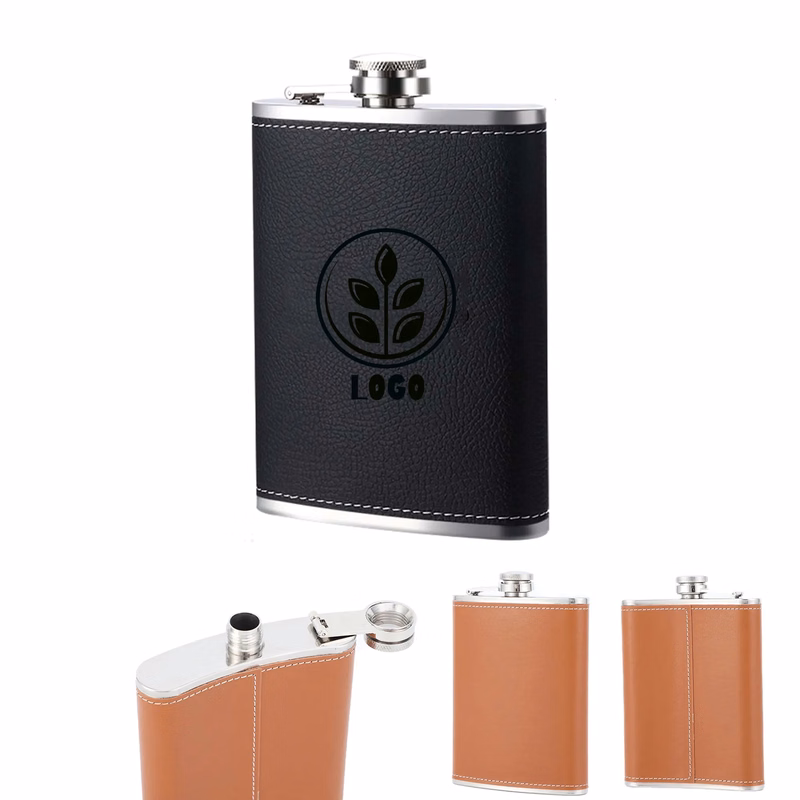 Leather Stainless Steel Pocket Hip Flask 8oz.