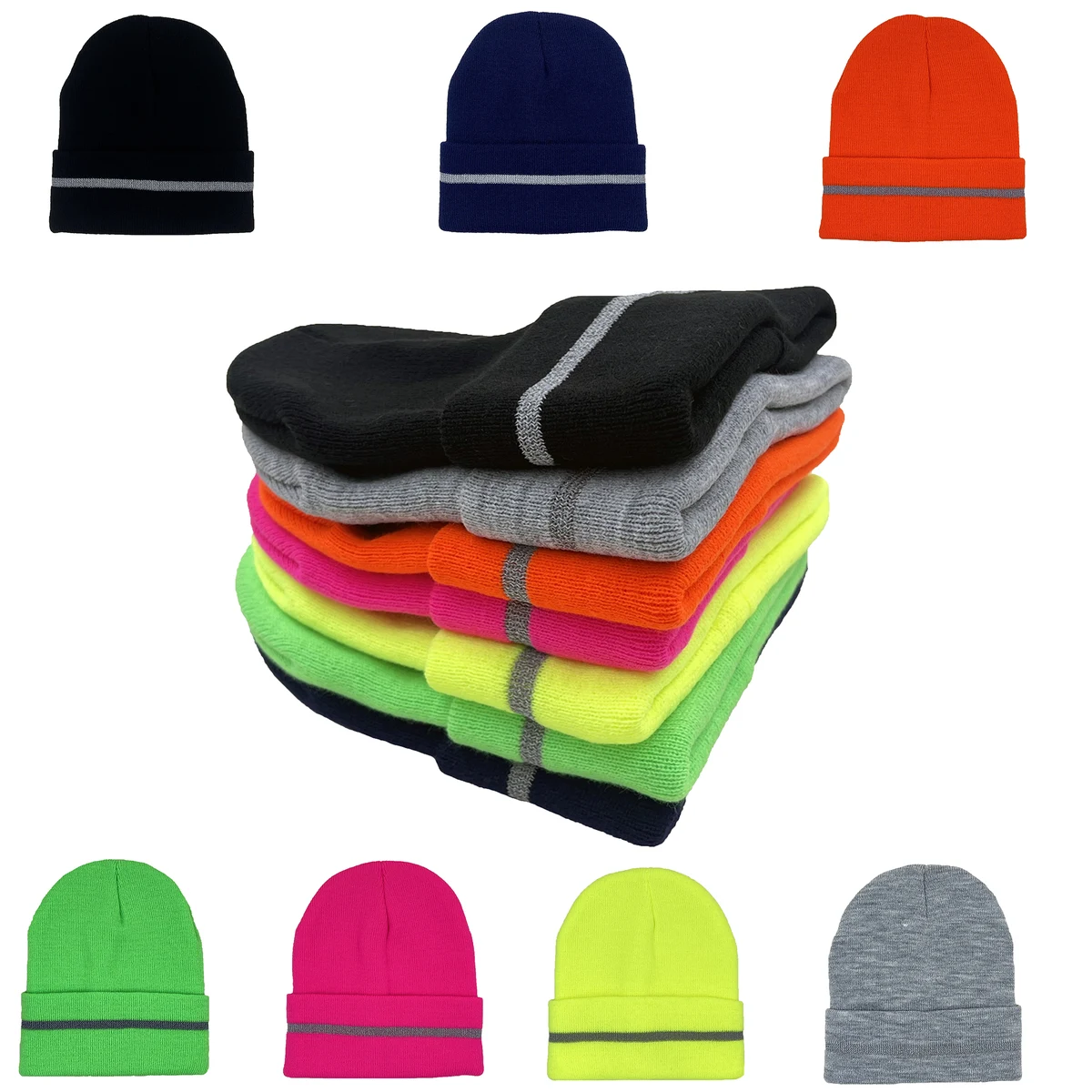 Acrylic Reflective Stripe Knitted Cuffed Safety Beanie 1