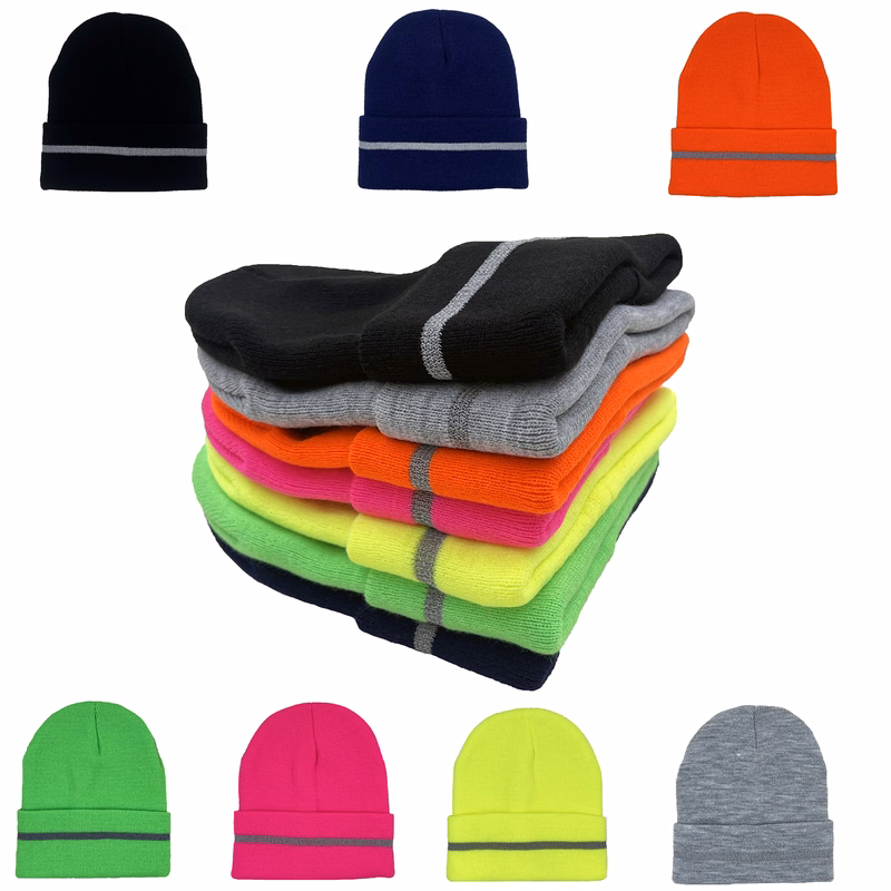 Acrylic Reflective Stripe Knitted Cuffed Safety Beanie