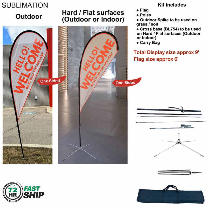 72Hr Fast Ship - 9' Small Tear Drop Flag Kit, Full Color Graphics One Side, Outdoor & Indoor bases