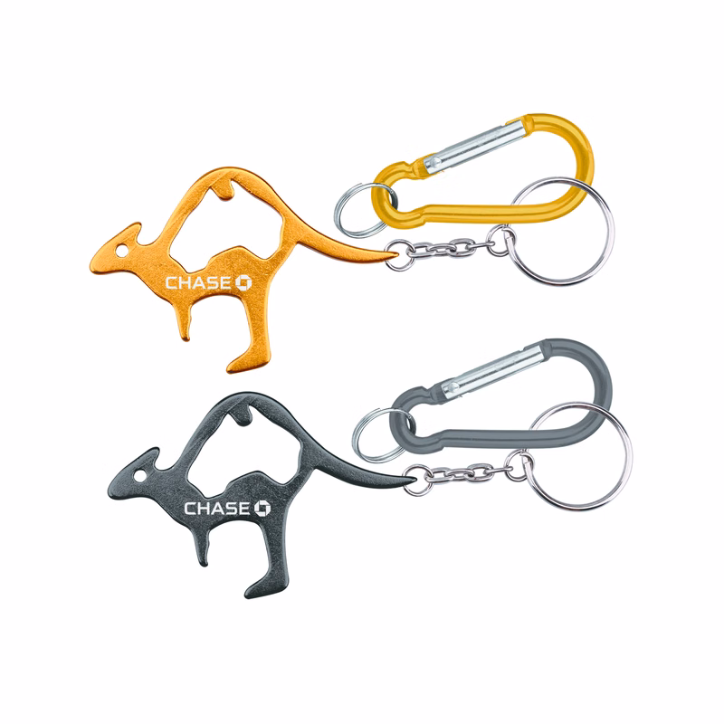 Kangaroo shaped bottle opener with key chain & carabineer. Value Combo!