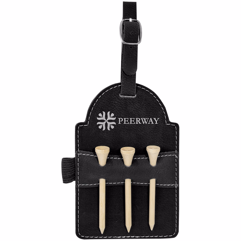 5" x 3 1/4" Black/Silver Leatherette Golf Bag Tag with 3 Wooden Tees