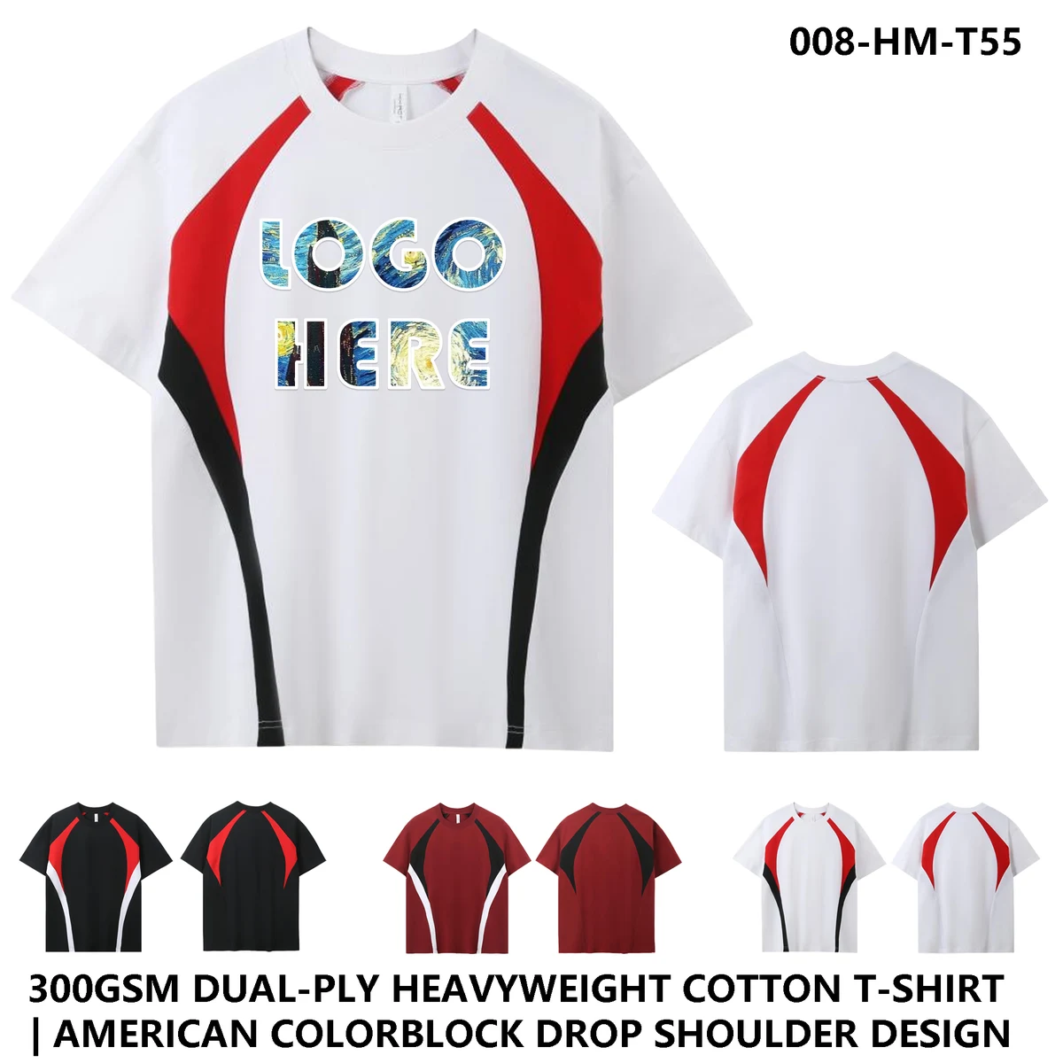 300g Double Yarn Heavyweight Cotton Tee - American Patchwork Unisex Drop Shoulder 1