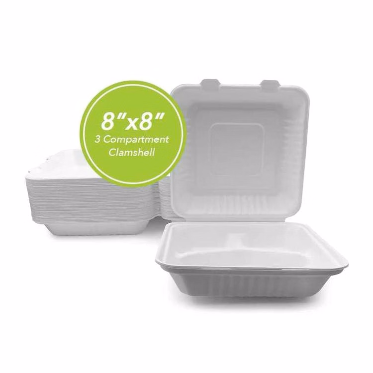 Three Leaf 8"x8" 3 Compartment Bagasse Clamshell 50 Pack