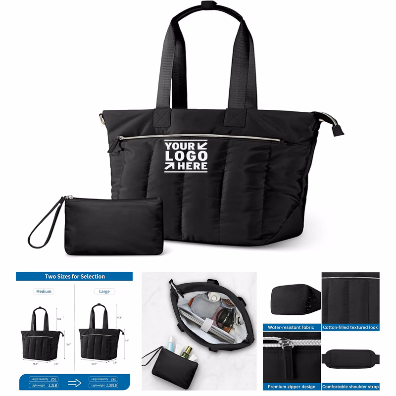 Large Women Travel Work Puffer Weekend Overnight Laptop Tote Bag with Zipper Compartment