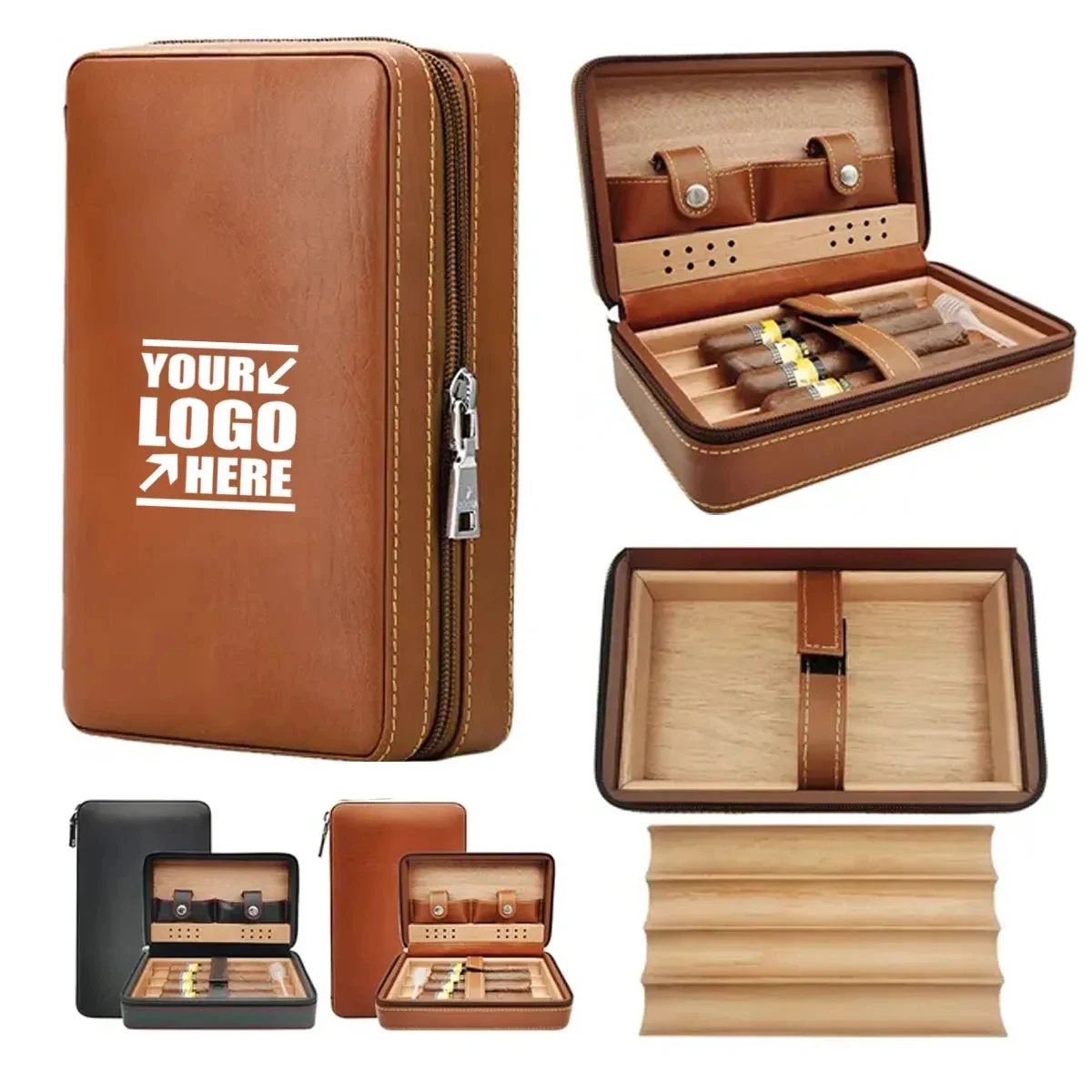 Cow Leather Cigar Holder Humidor Case with Wood Inner 1