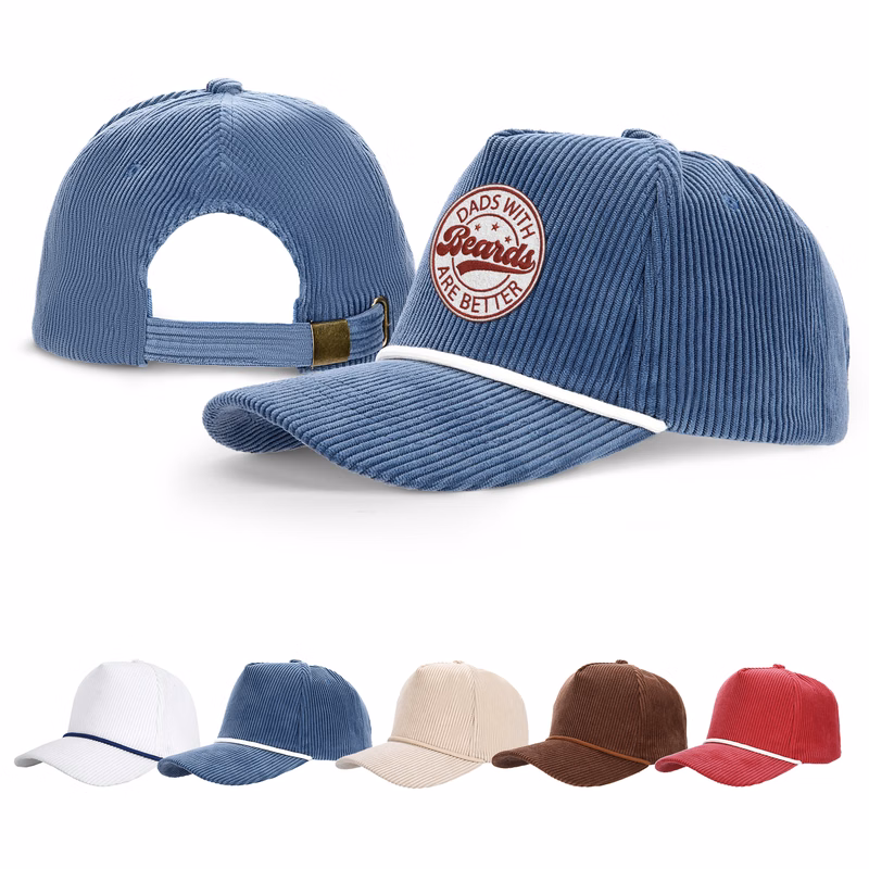 5 Panel Corduroy Sports Cap With Rope Visor And Adjustable Brass Buckle