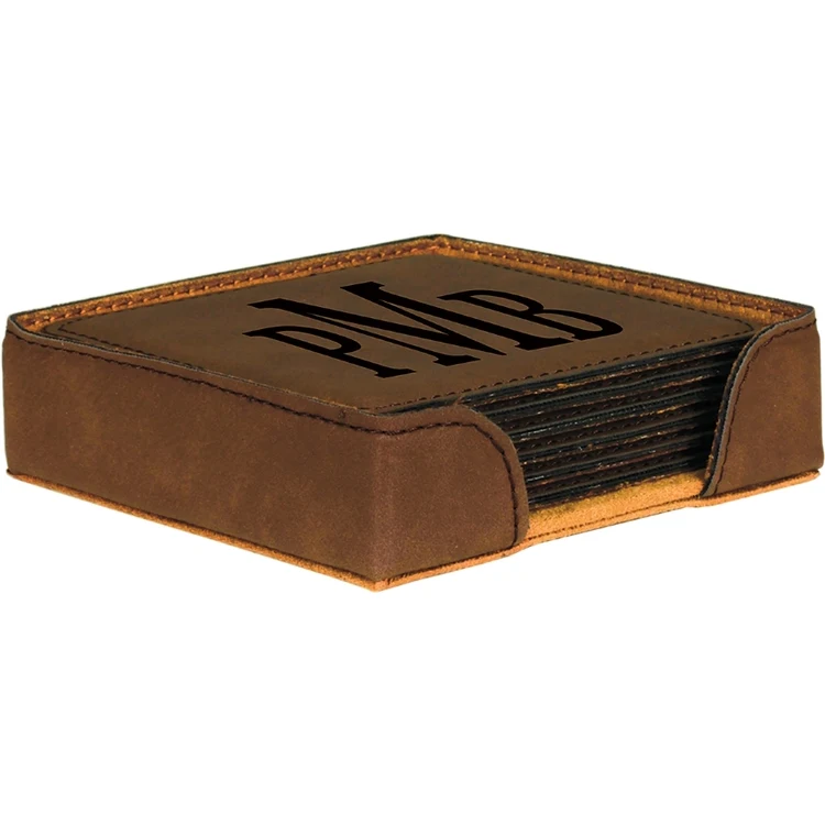 Dark Brown Leatherette Set of Six Square Coasters 1
