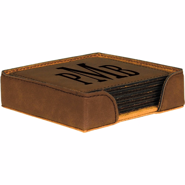Dark Brown Leatherette Set of Six Square Coasters