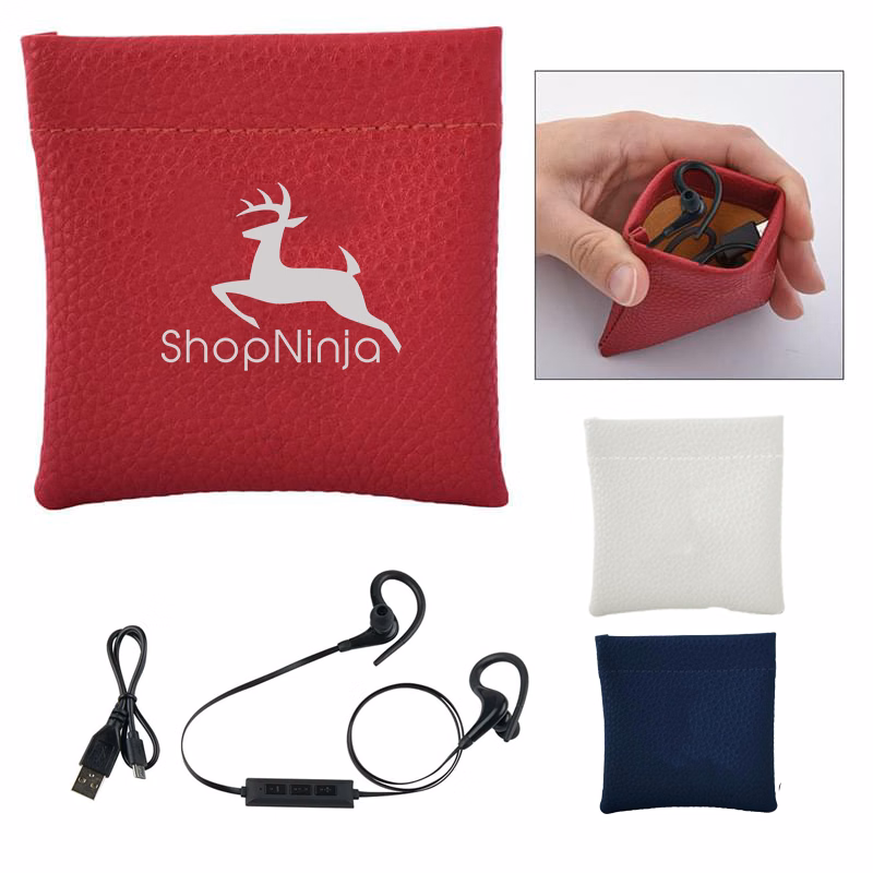 Leatherette Squeeze Tech Pouch With Wireless Earbuds