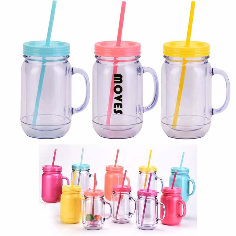 20OZ Double Plastic Mason Bottle With Straw