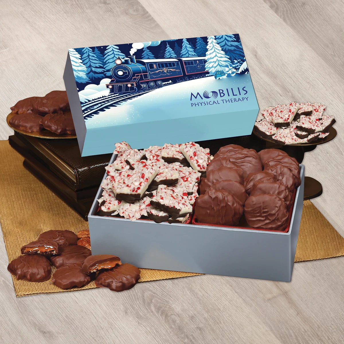 Peppermint Bark & Pecan Clusters in Gift Box with Holiday Train Sleeve 1