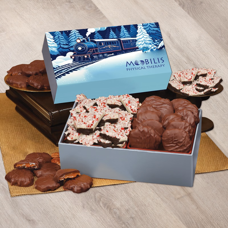 Peppermint Bark & Pecan Clusters in Gift Box with Holiday Train Sleeve