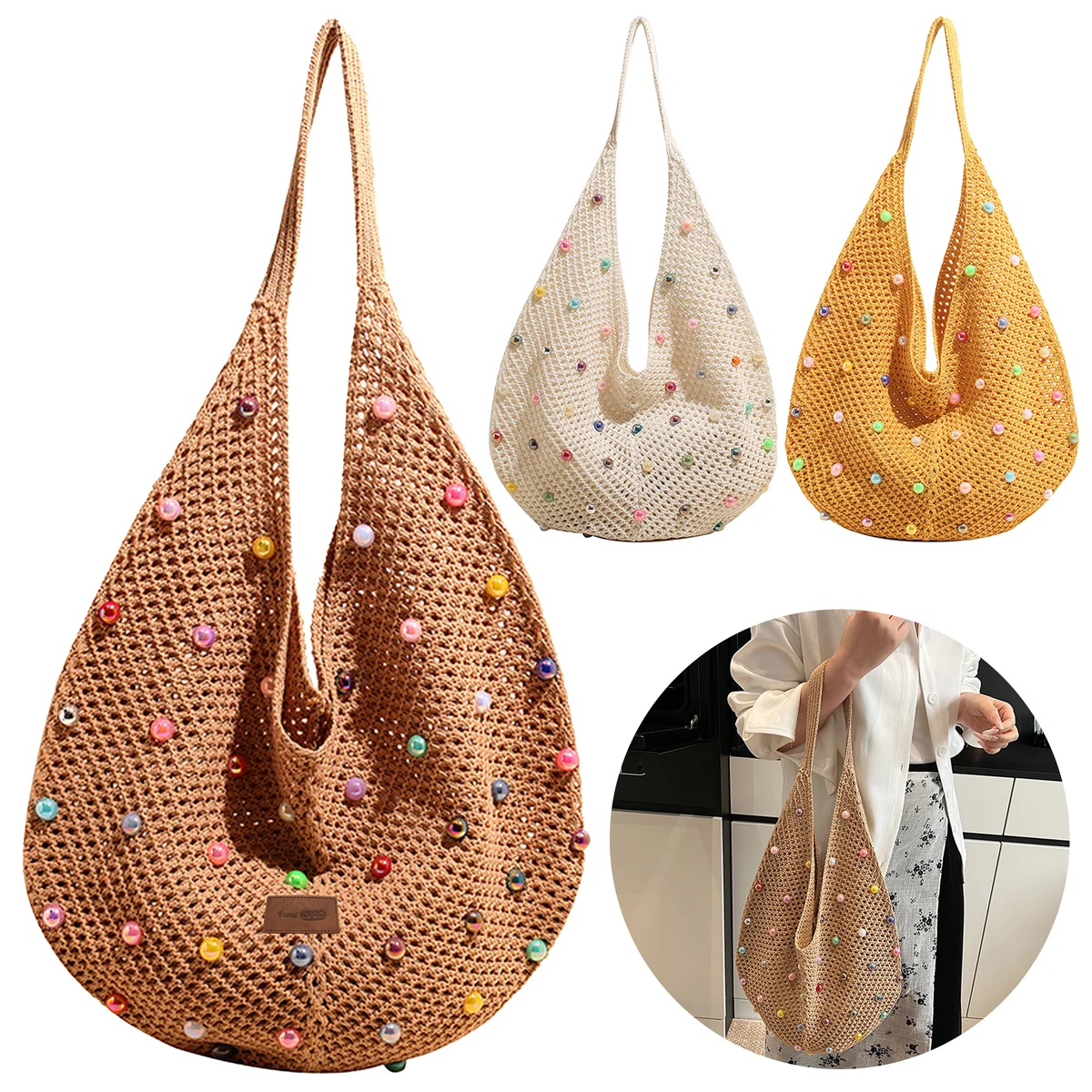 Knit Large Capacity Color Hollowed Out Beach Bag, custom tote bag with logo imprint 1