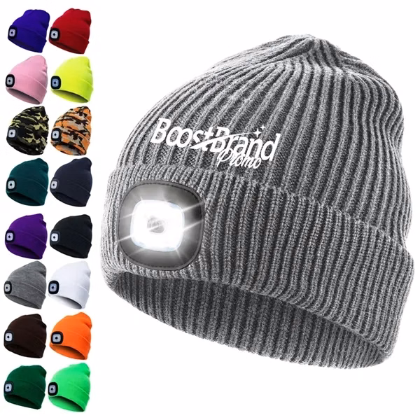 Custom LED Lighted Knit Beanie with Hands-Free Illumination — Outdoor Safety