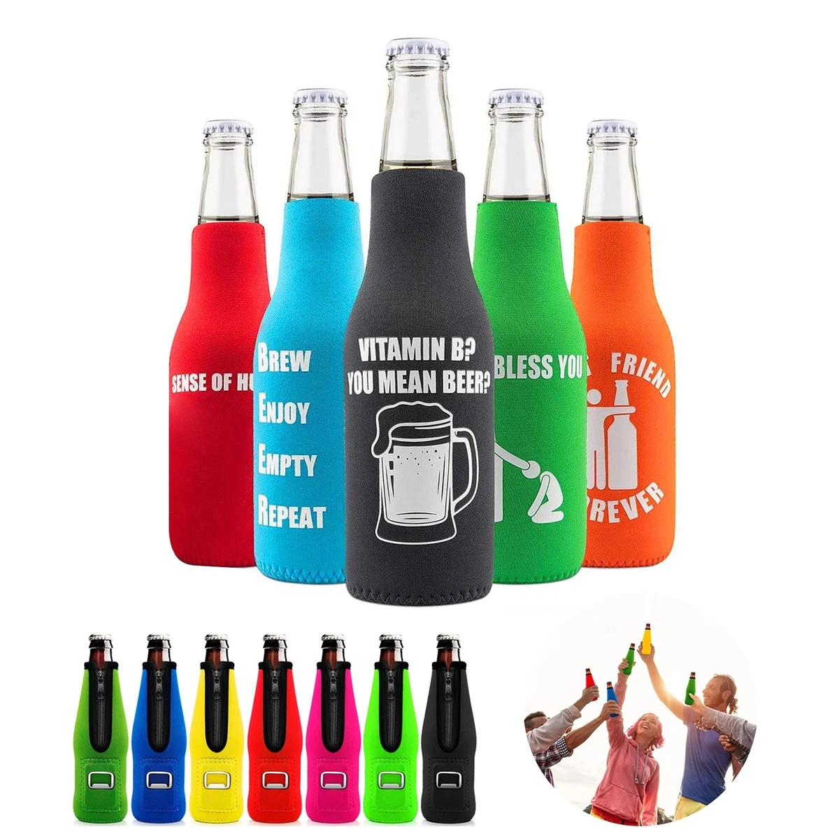 Neoprene Bottle Zipper Cooler Sleeve w/ Opener, custom can cooler with logo imprint 1