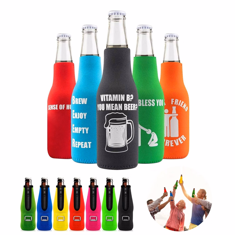 Neoprene Bottle Zipper Cooler Sleeve w/ Opener