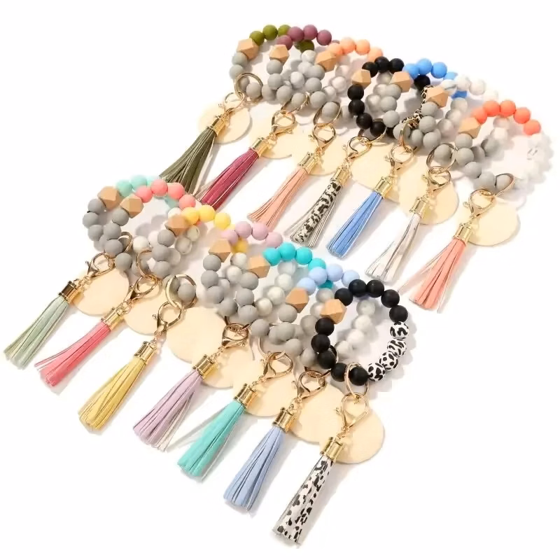 Silicone Beads Wood Chip Bracelet Keychain