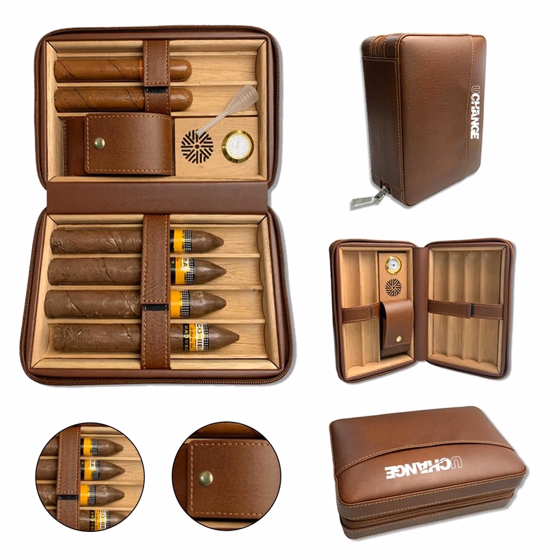 Travel Cedar Cigar Humidor Case With Hygrometer 6 Count