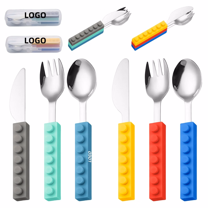 3 Piece Building Blocks Silicone Handle Kids' Tableware Set