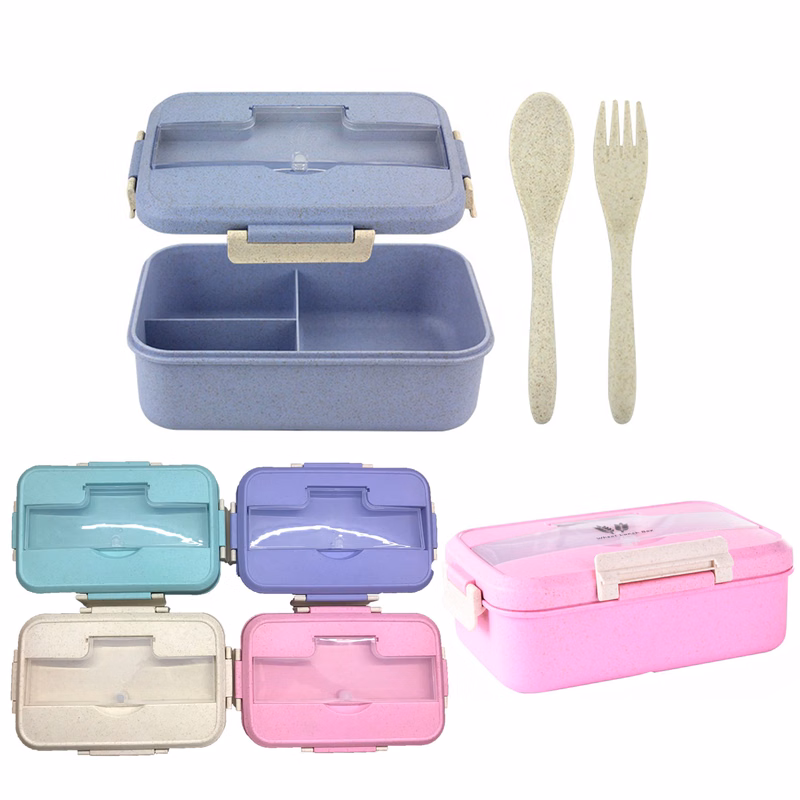 Wheat Straw Plastic Three Compartment Microwave Heating Insulation Bento Box With Spoon Fork