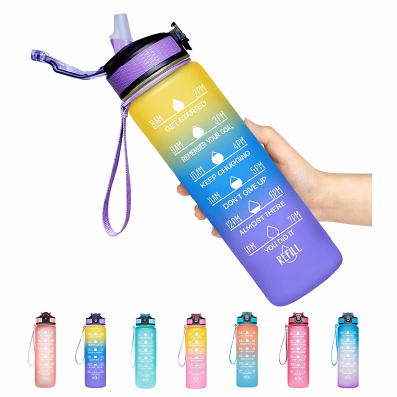 32Oz Sports Water Bottle With Time Marker With Straw
