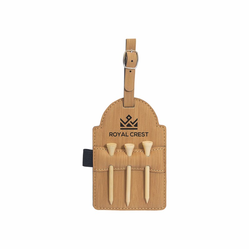 3" x 5" Bamboo Leatherette Golf Bag Tag w/ 3 Wooden Tees