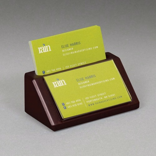 Single Pocket Solid Oak Business Card Holder with Card Insert