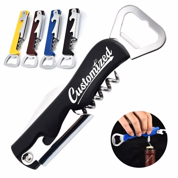 Custom Stainless Steel 3-in-1 Corkscrew Bottle Opener — Wine Bar Promotional Tool