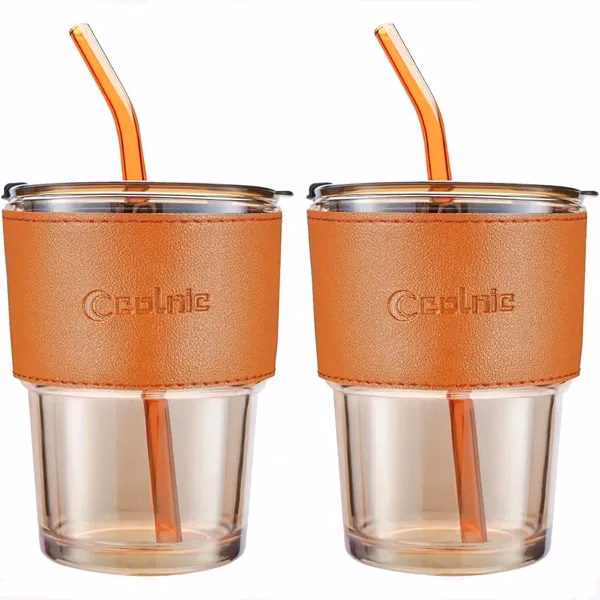 Glass Water Tumbler Iced Coffee Stylish Cup with Straw for Commutes, Fitness and Travel