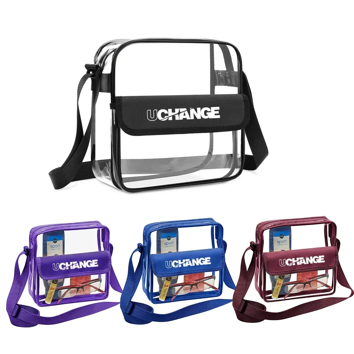 8L Clear PVC Shoulder Bag W/ Flap Closure Adjustable Strap 1