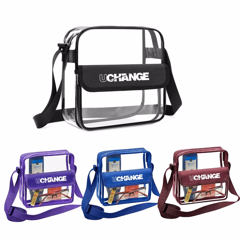 8L Clear PVC Shoulder Bag W/ Flap Closure Adjustable Strap