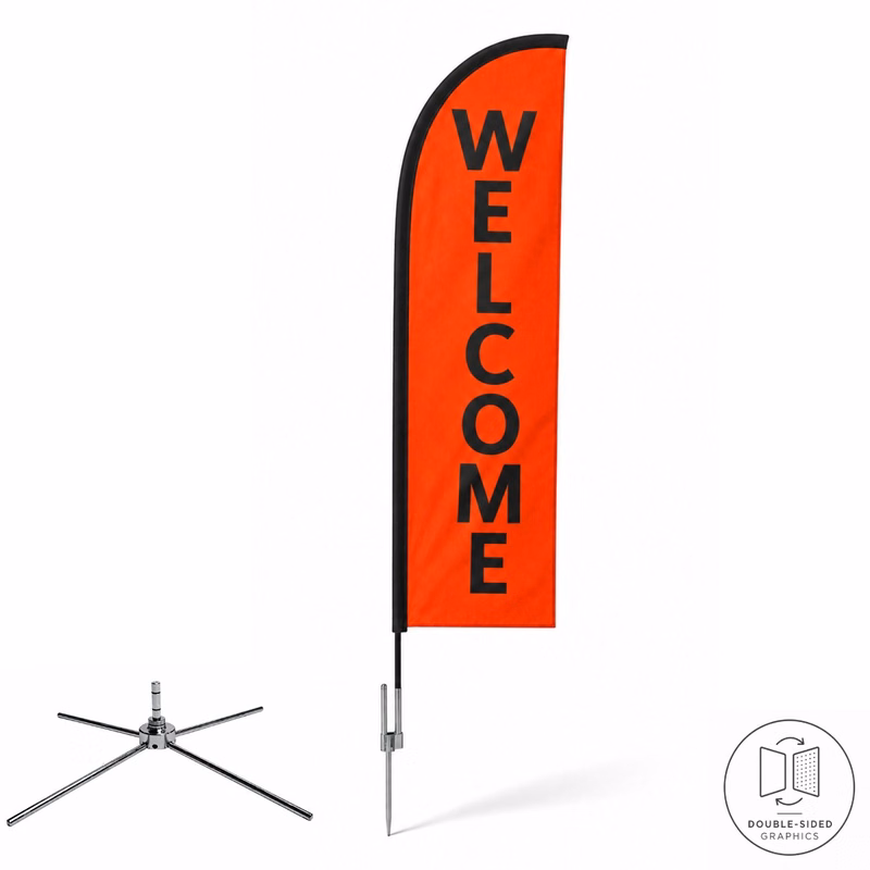 10' Small Feather Flag Kit, Full Color Graphics Double Sided, Outdoor Spike base, Indoor Cross Base